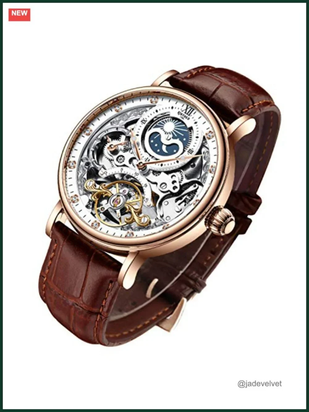 Men's Luxury Skeleton Automatic Mechanical Wrist Watch Leather Strap Moon Phase